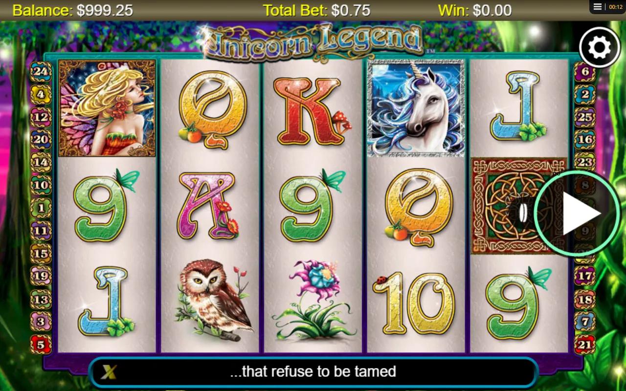 Unicorn Legend slot gameplay showing 5x3 grid with Princess, Castle and royal symbols on the reels