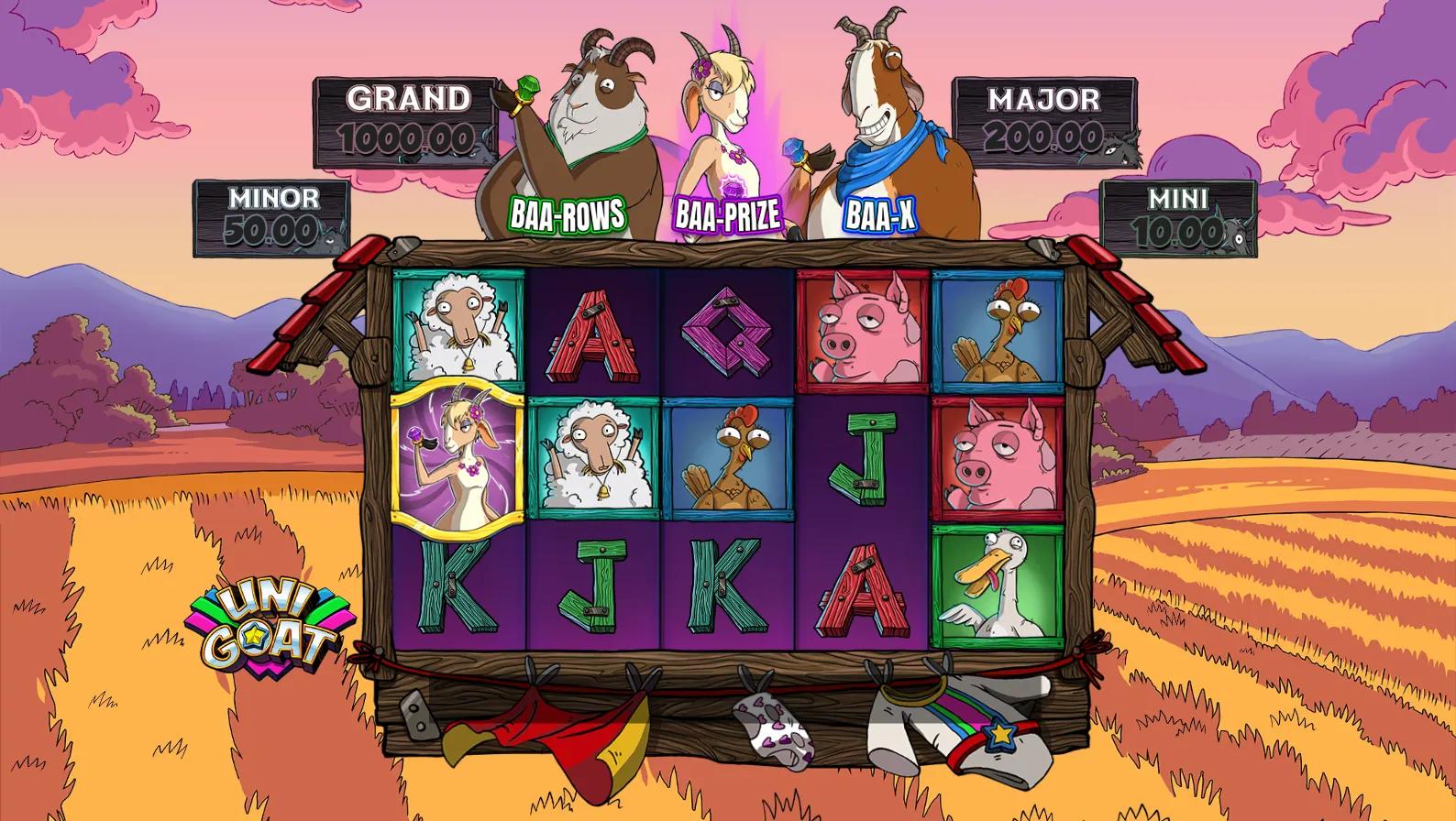 Unigoat slot gameplay showing 5x3 barn-framed grid with farm-animal symbols below the GRAND/MAJOR/MINOR/MINI bounty panels