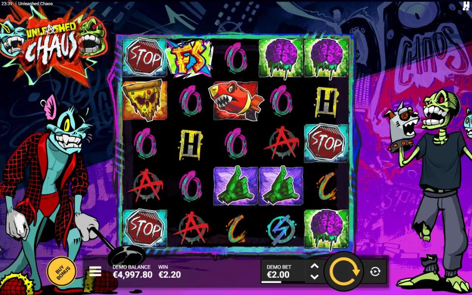 Unleashed Chaos base game paying a small line win with a single FS scatter symbol on the second reel