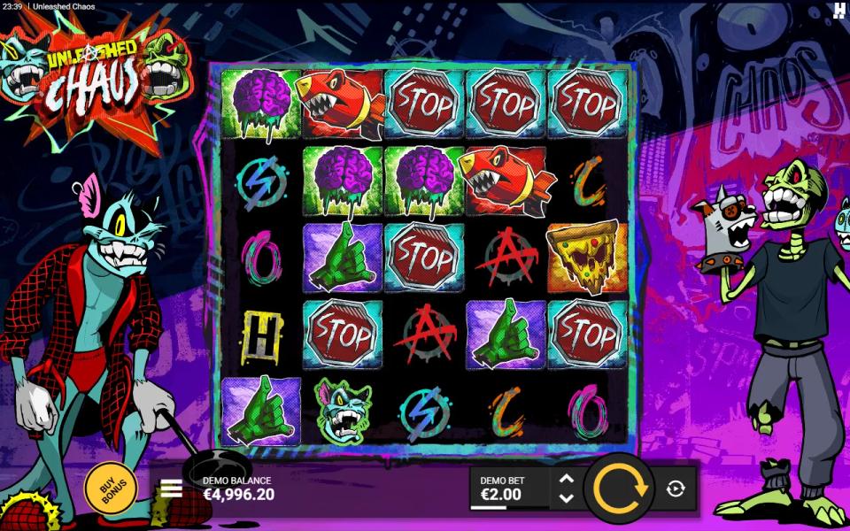 Unleashed Chaos base game with a Cranky Cat wild on the bottom row and no winning combination