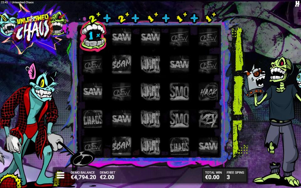 Unleashed Chaos bonus round with a grid of dead stencil symbols and the reel multipliers reading two, two, one, one and one