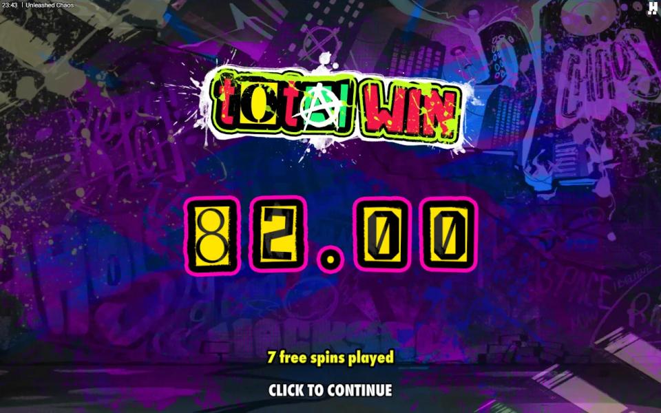 Unleashed Chaos bonus total win card noting seven free spins played