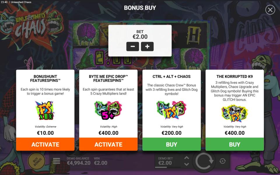 Unleashed Chaos bonus buy menu listing four purchases with their prices and volatility labels