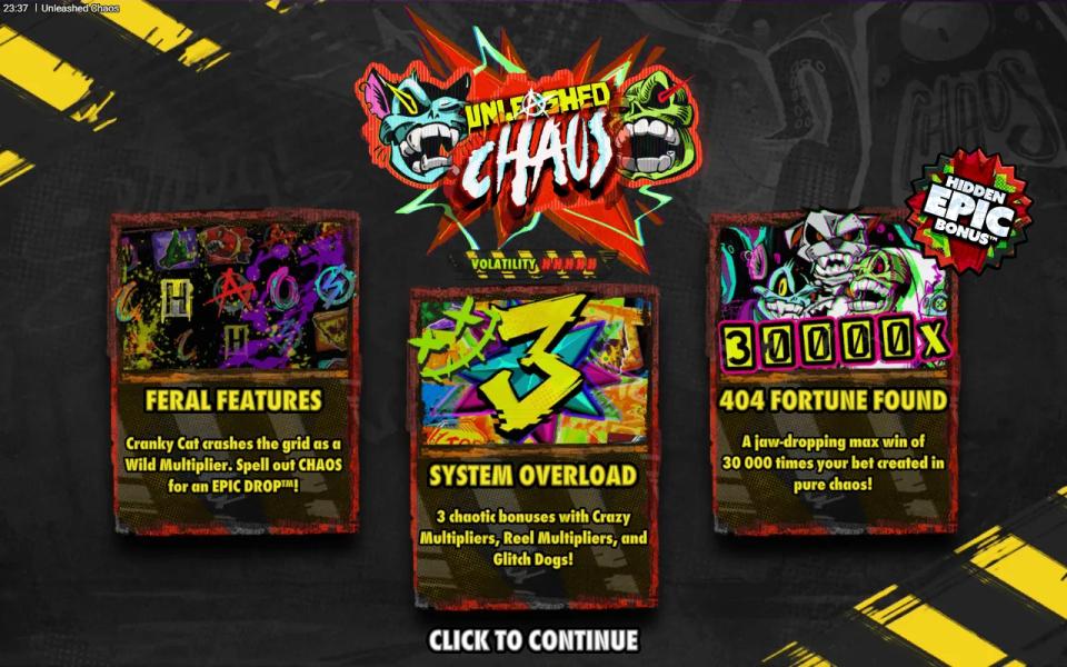 Unleashed Chaos start screen by Hacksaw Gaming with a volatility meter and three feature cards ending in a 30 000x max win claim