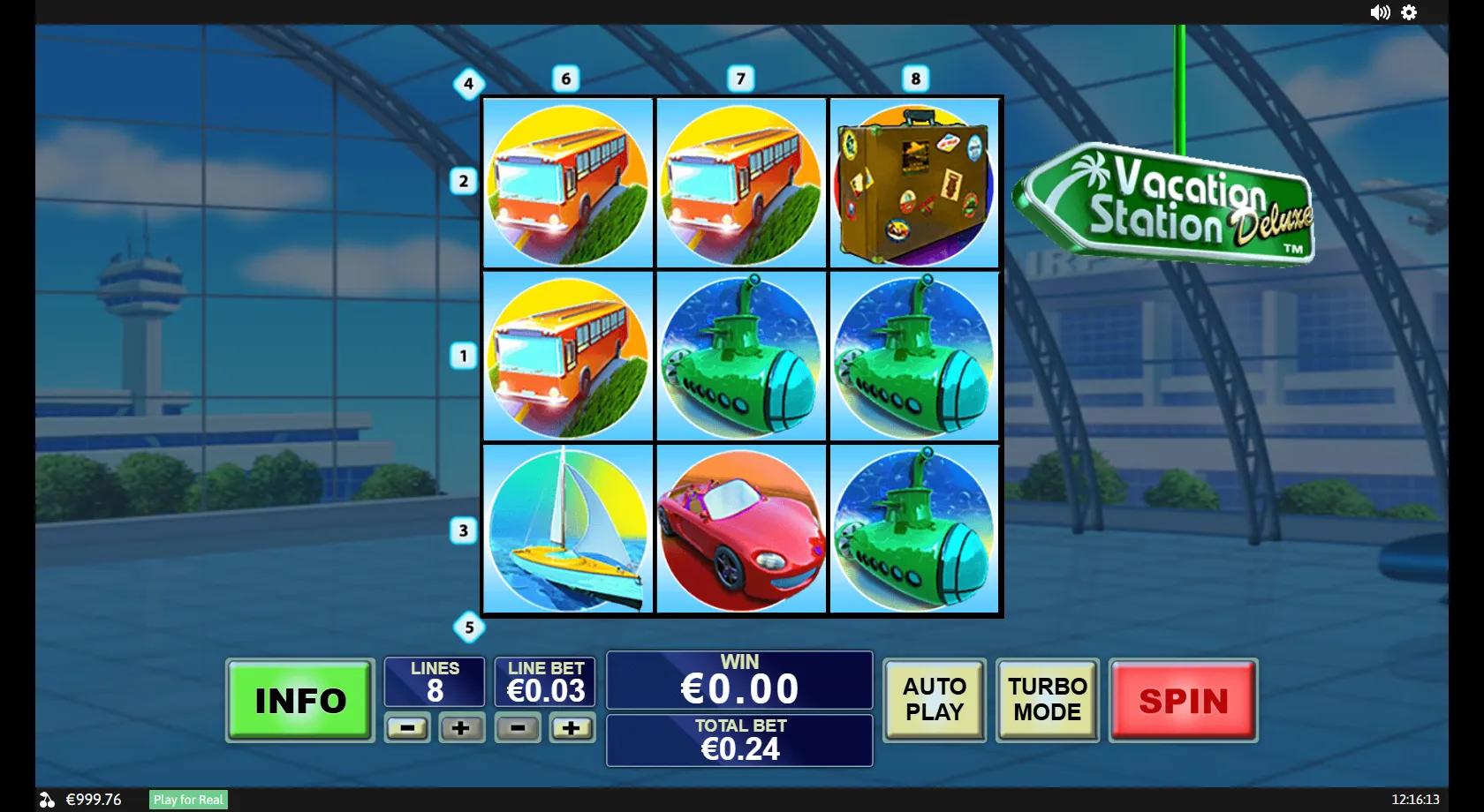 Vacation Station Deluxe slot: 3x3 eight-line grid with bus, submarine, sailboat and suitcase transport symbols