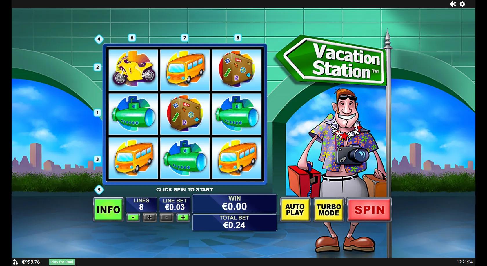 Vacation Station slot: 3x3 eight-line grid with cartoon bus, submarine, motorbike and suitcase transport symbols