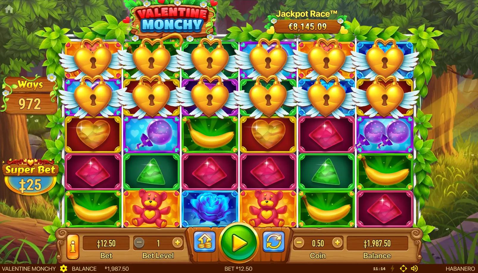 Valentine Monchy 6x3 ways grid showing winged heart-lock symbols sealing the top two reels at 729 ways