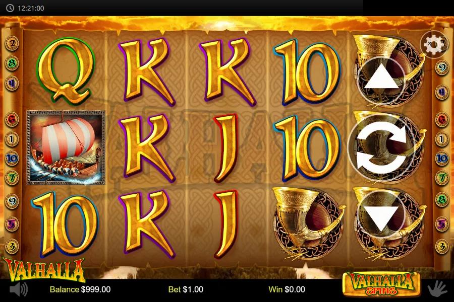 Valhalla slot gameplay showing 5x3 grid with Valkyrie Wild on reel 3 and Viking shield symbols