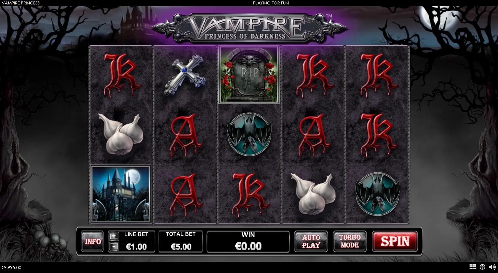 Vampire Princess of Darkness 5x3 five-line gothic grid with castle, cross, garlic and tombstone symbols