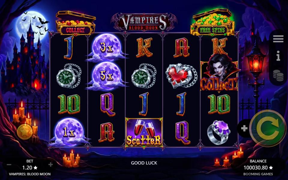 Vampires: Blood Moon 5x4 reels with 1x, 3x and 5x moon symbols and the Collect vampiress framed in gold on reel 5