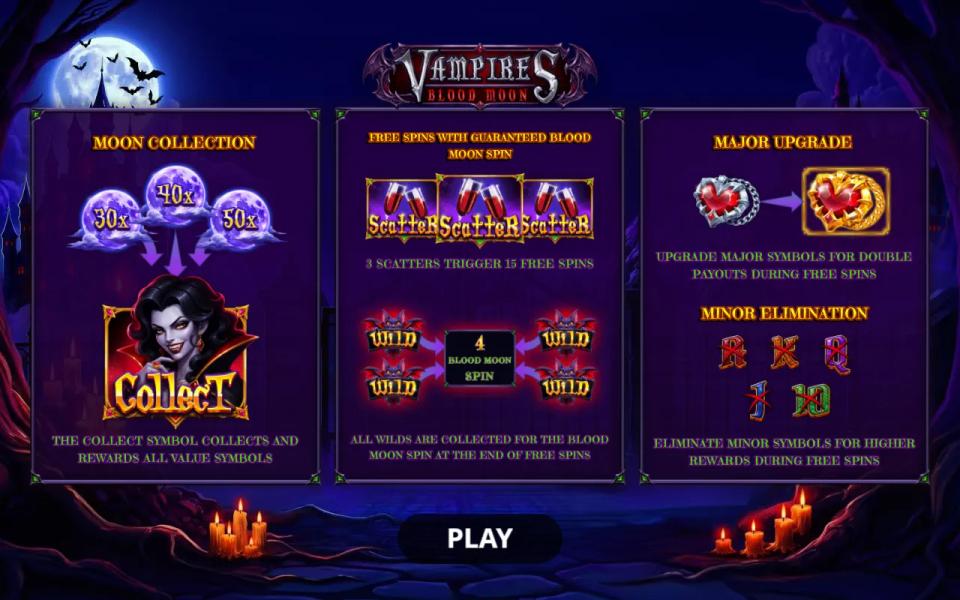 Vampires: Blood Moon intro screen listing Moon Collection, free spins with a guaranteed Blood Moon Spin, Major Upgrade and Minor Elimination