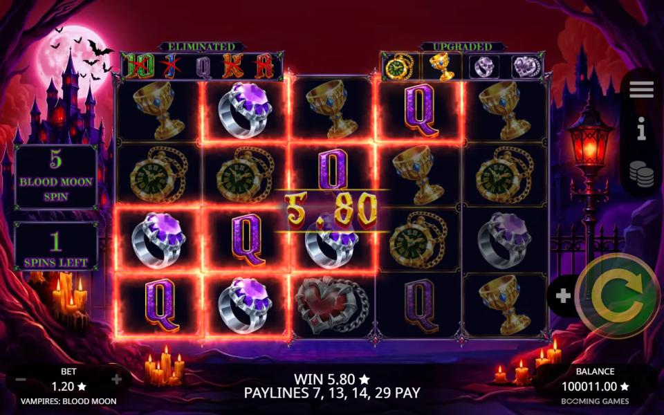 Free spins board with two royals crossed off the Eliminated strip and two premium symbols turned gold on the Upgraded strip