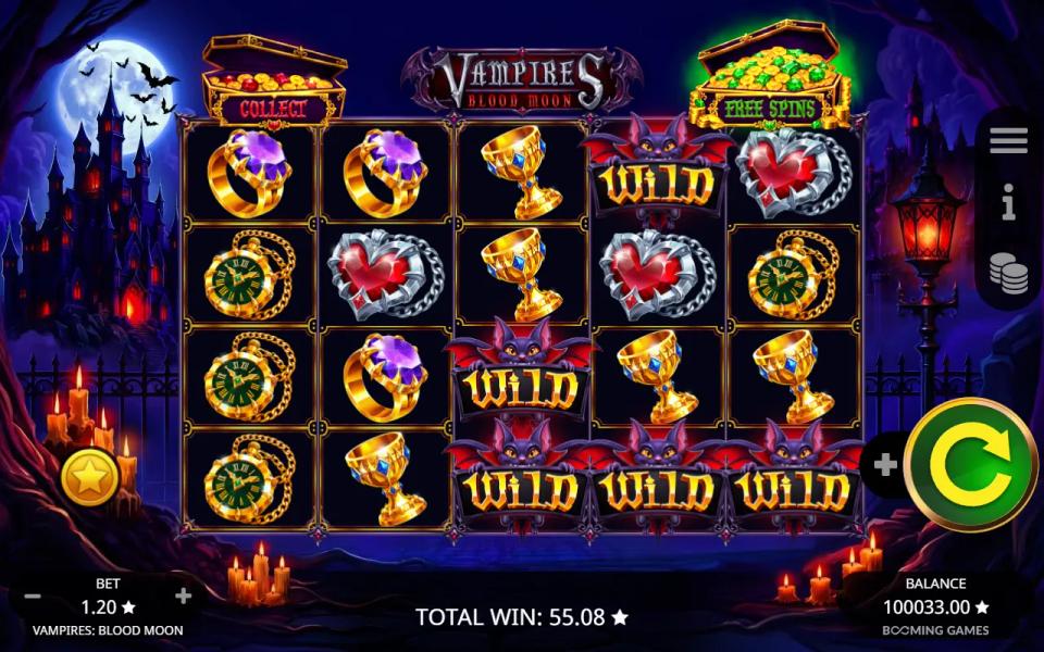 Blood Moon Spin board with five wild bat symbols on reels 3, 4 and 5 and the total win unchanged at 55.08