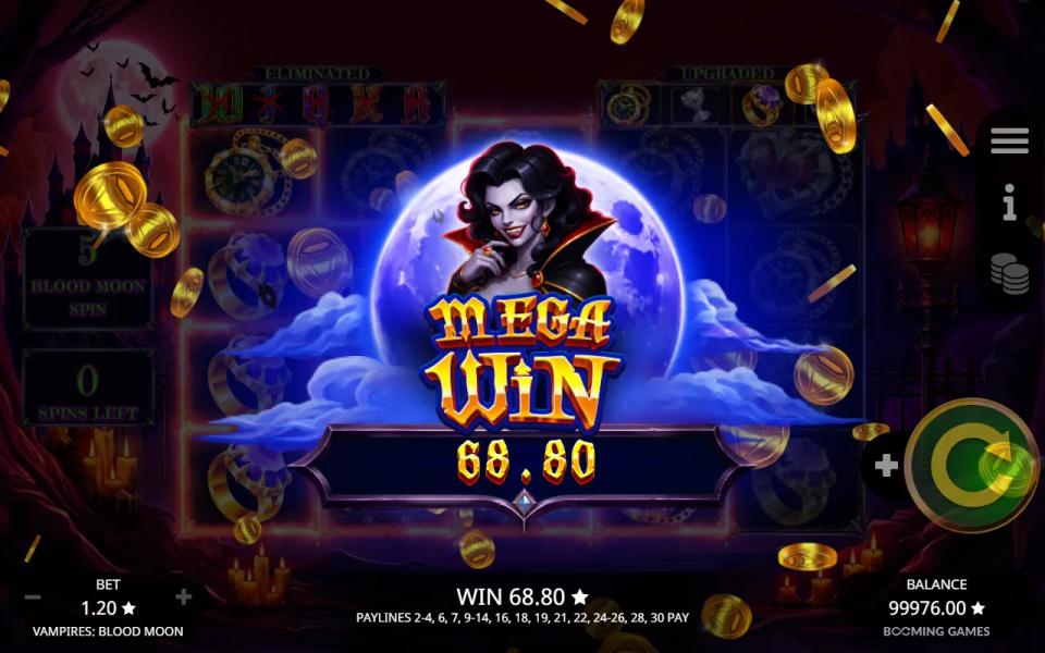 Mega Win panel reading 68.80 at the end of the bought Blood Moon Spin, listing 21 winning paylines