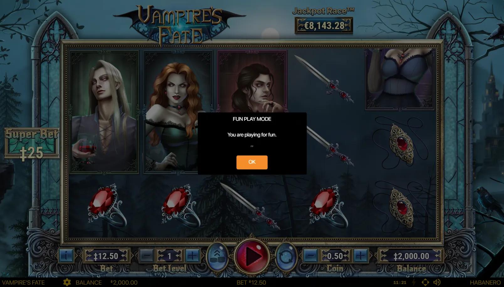 Vampire's Fate slot gameplay showing 5x3 grid with vampire portrait high-pays, ruby ring symbols, and Jackpot Race counter