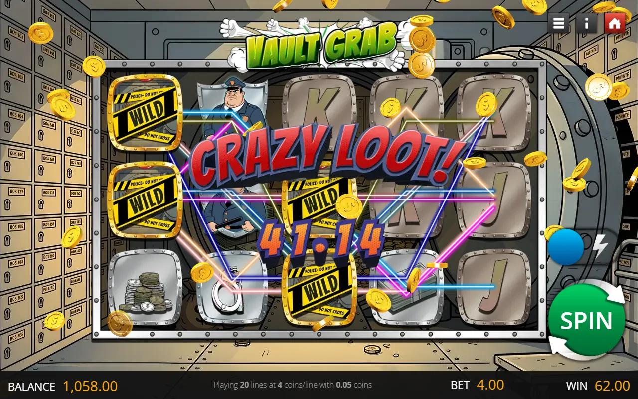 Vault Grab slot 5x3 grid in a cartoon bank vault with police-tape wild tiles lit and a CRAZY LOOT win banner