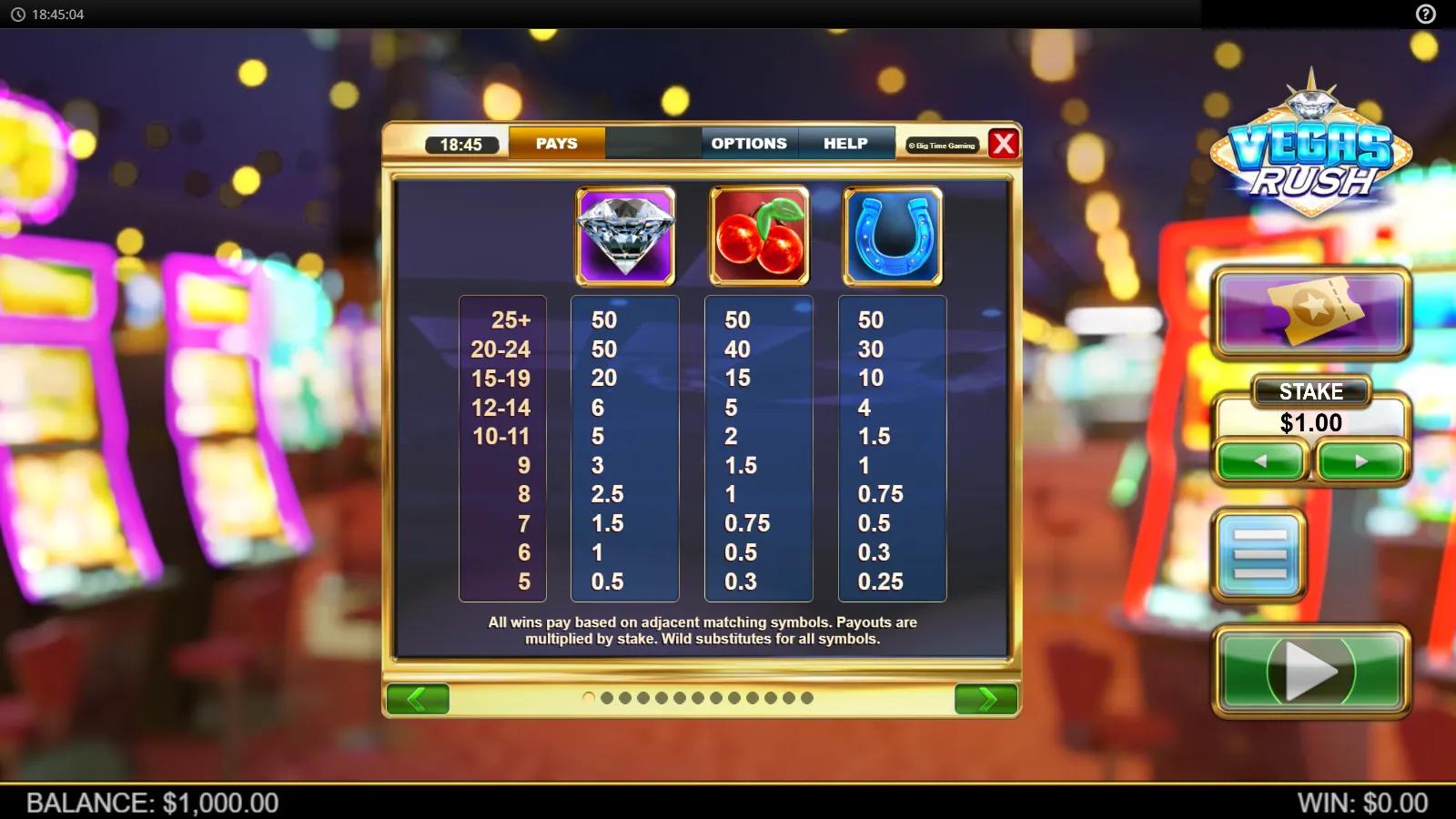 Vegas Rush slot PAYS screen showing diamond, cherries and horseshoe cluster-pay symbols on a neon casino floor