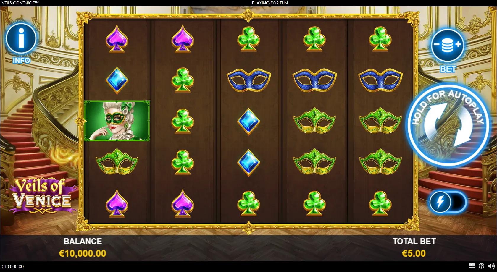 Veils of Venice gameplay showing 5x5 reels in a gilded Venetian masquerade ballroom with Carnival masks and mystery symbols