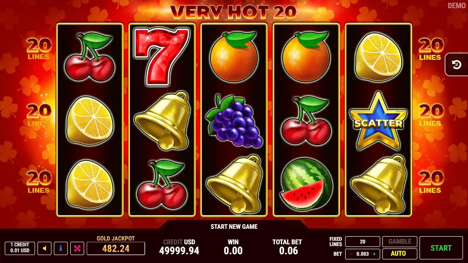 Very Hot 20 slot gameplay showing 5x3 fruit grid with clover expanding wild, star scatters, red 7 and 20 paylines
