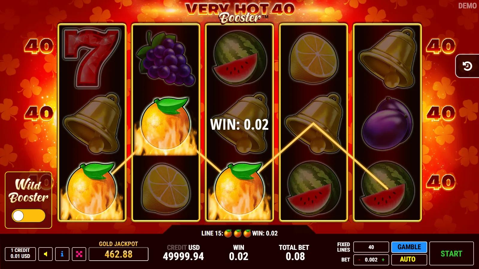 Very Hot 40 Booster slot gameplay showing 5x4 flaming fruit grid with clover Expanding Wild and 40 paylines