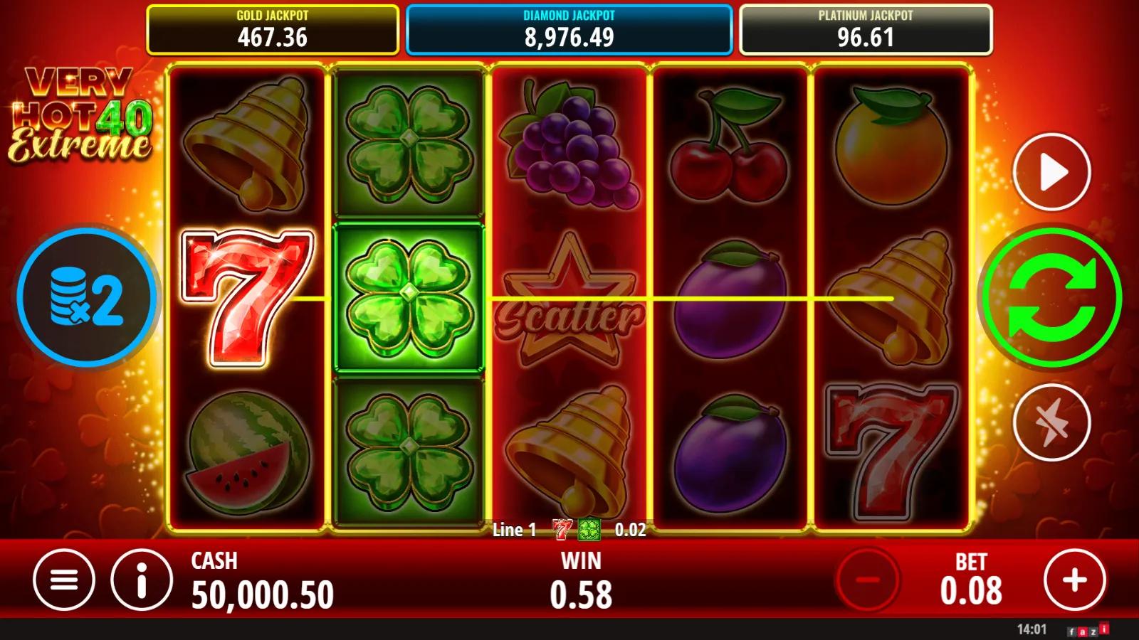 Very Hot 40 Extreme slot gameplay showing 5x3 fruit grid with green clover wild, x2 wild multiplier, scatter star and 40 paylines