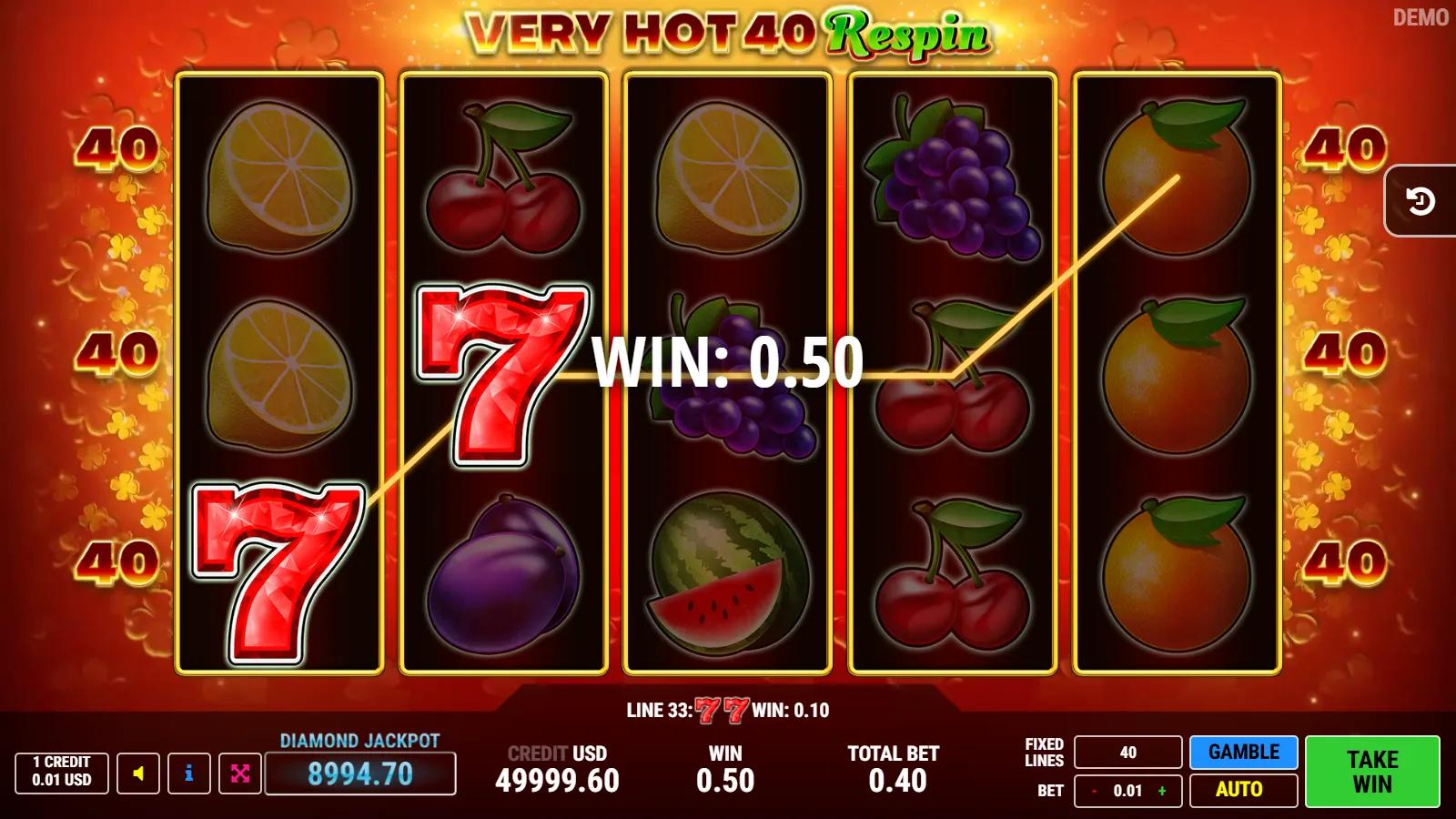 Very Hot 40 Respin slot gameplay showing 5x3 fruit grid with red 7, flaming bells, hold-and-respin wild and 40 paylines