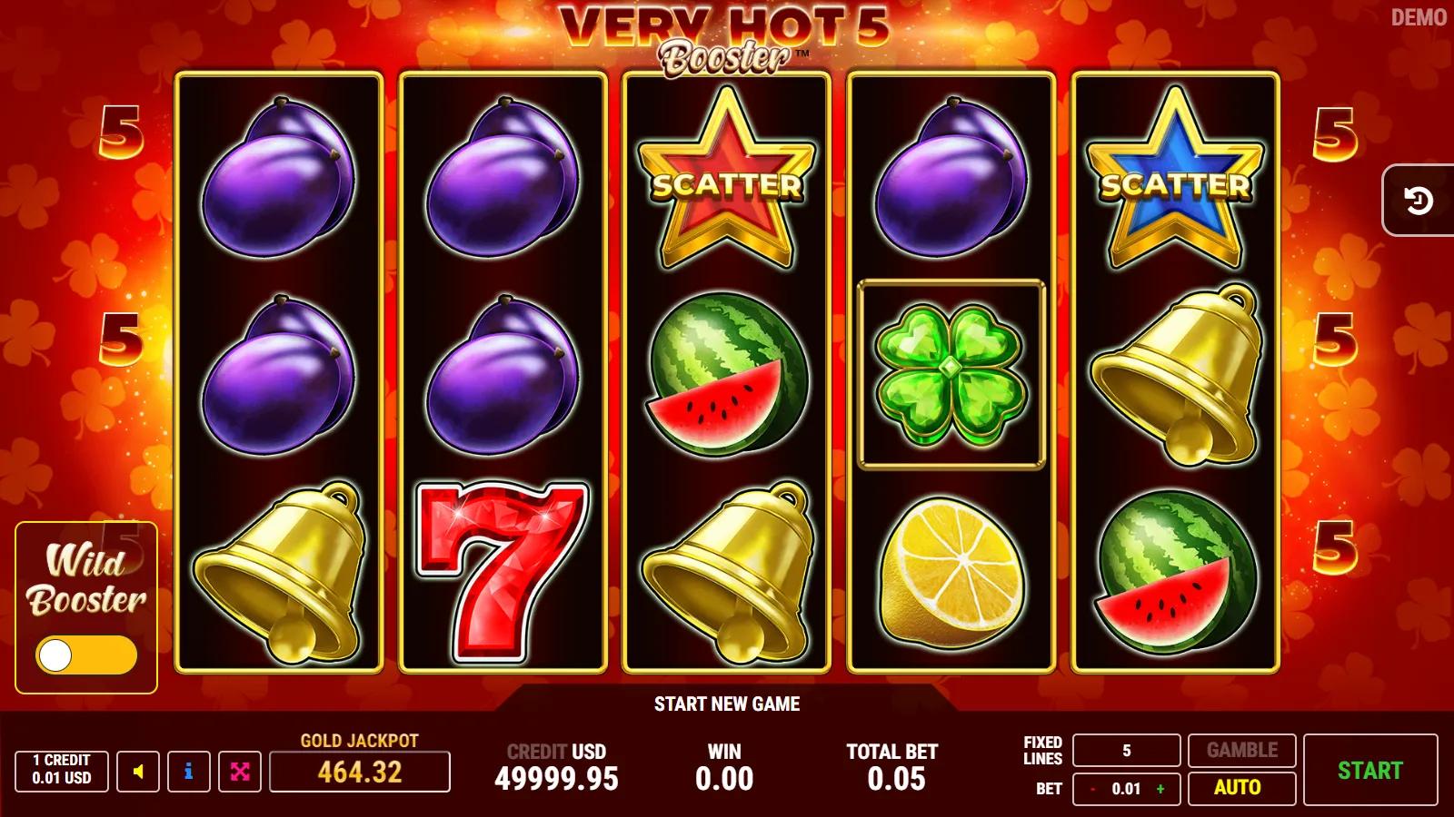 Very Hot 5 Booster slot gameplay showing 5x3 flaming fruit grid with clover Expanding Wild, star scatters and red 7