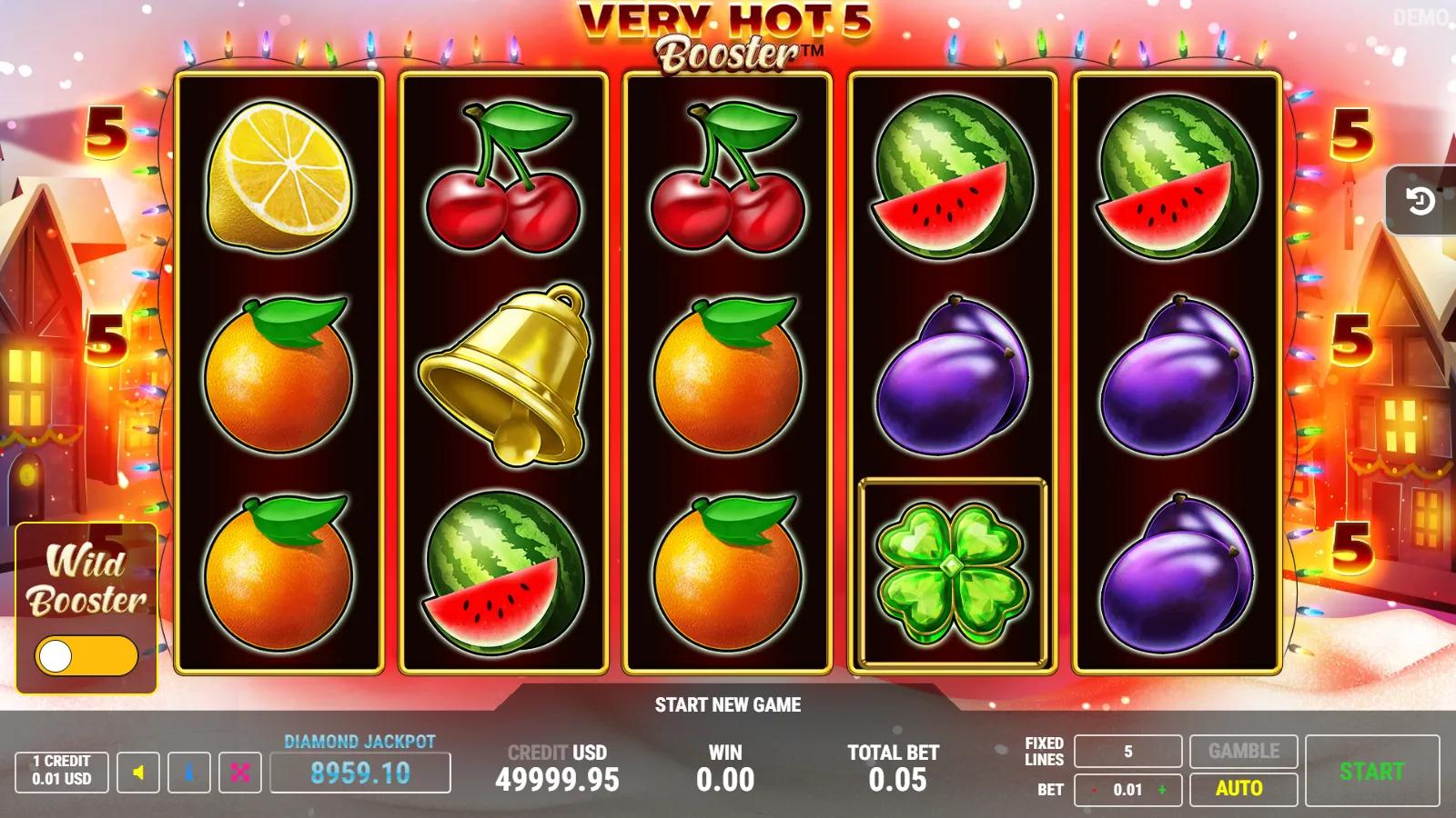 Very Hot 5 Christmas Booster slot gameplay showing 5x3 festive fruit reels with red sevens, clover wild and star scatters