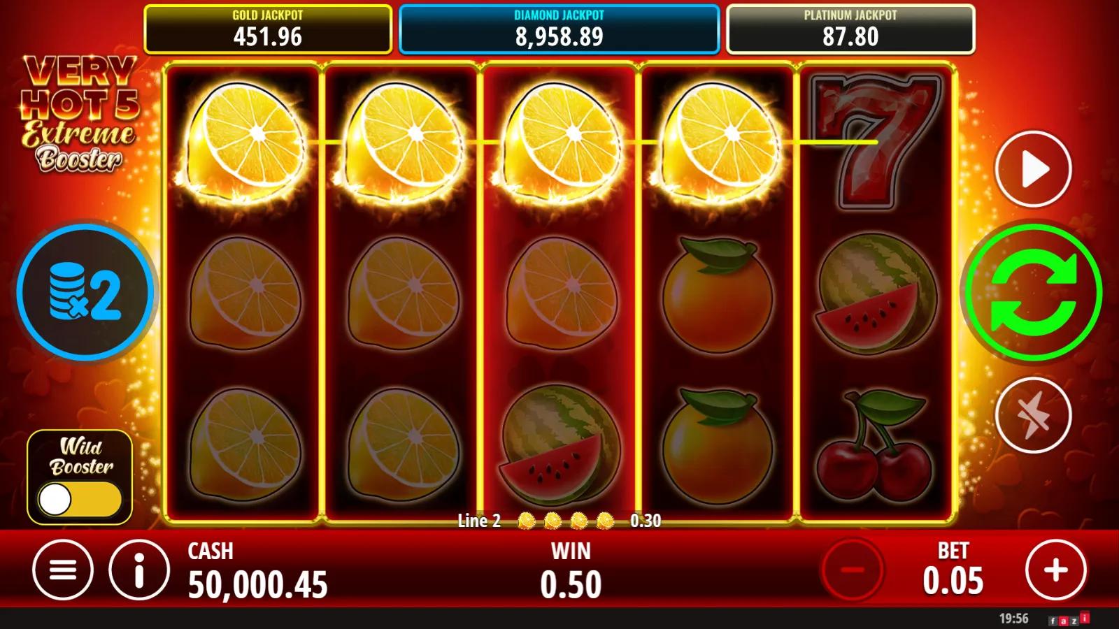 Very Hot 5 Extreme Booster slot gameplay showing 5x3 flaming fruit reels with a winning orange line and jackpot meters