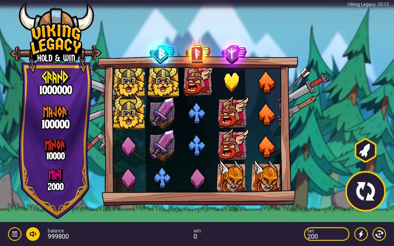 Viking Legacy Hold and Win slot 5x4 grid with chief and berserker symbols under the blue red and violet bonus runes