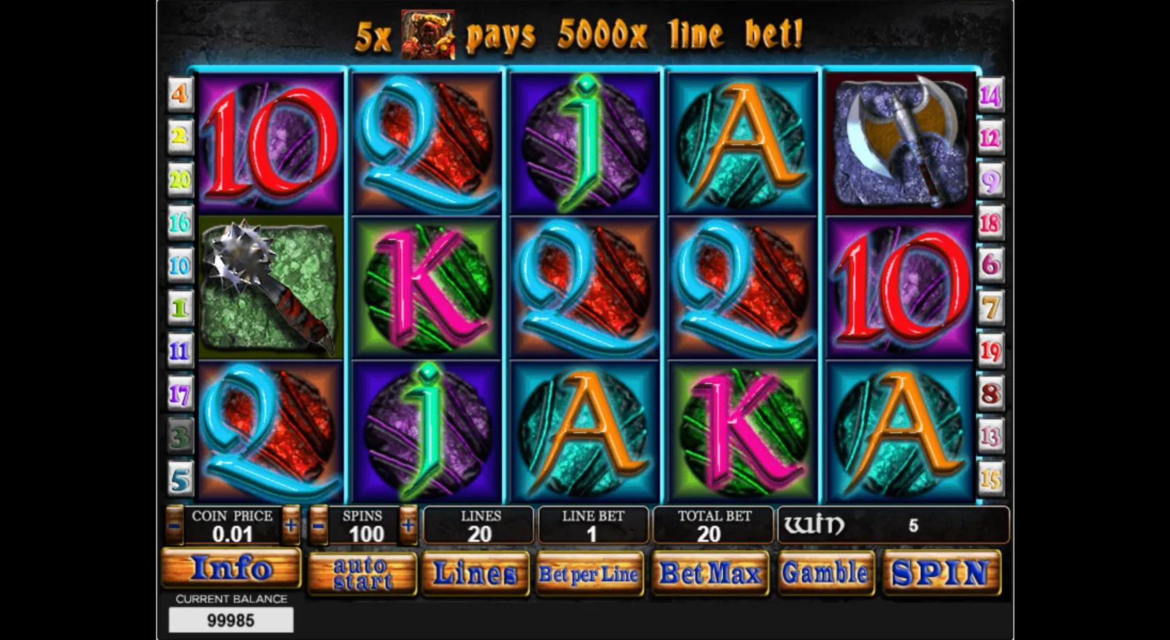 Viking Striking gameplay showing a 5x3 reel set with gemstone royals, a Viking helmet, axe and mace on 20 paylines