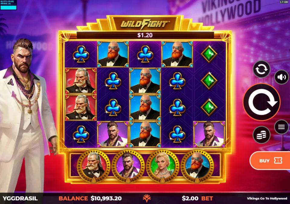Vikings Go To Hollywood 5x4 reels paying a small line win, with four Fame Collection medallions below the grid