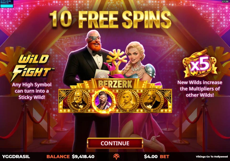 Vikings Go To Hollywood free spins intro screen with one Berzerk medallion lit after the 390x bonus buy