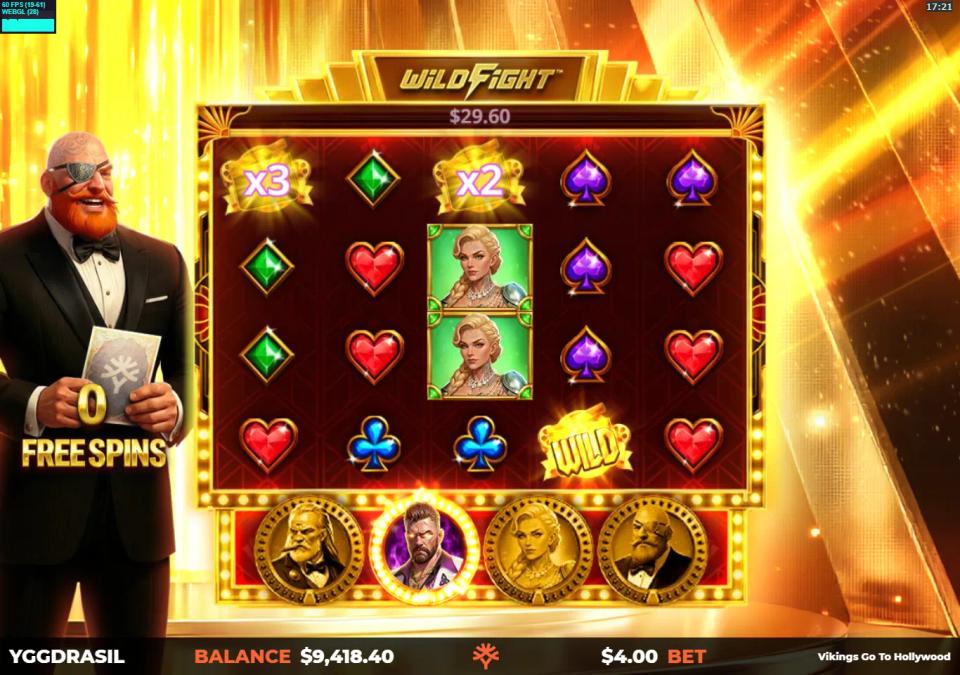 Final free spin of the 390x round in Vikings Go To Hollywood showing x3 and x2 sticky wilds and a 29.60 running total