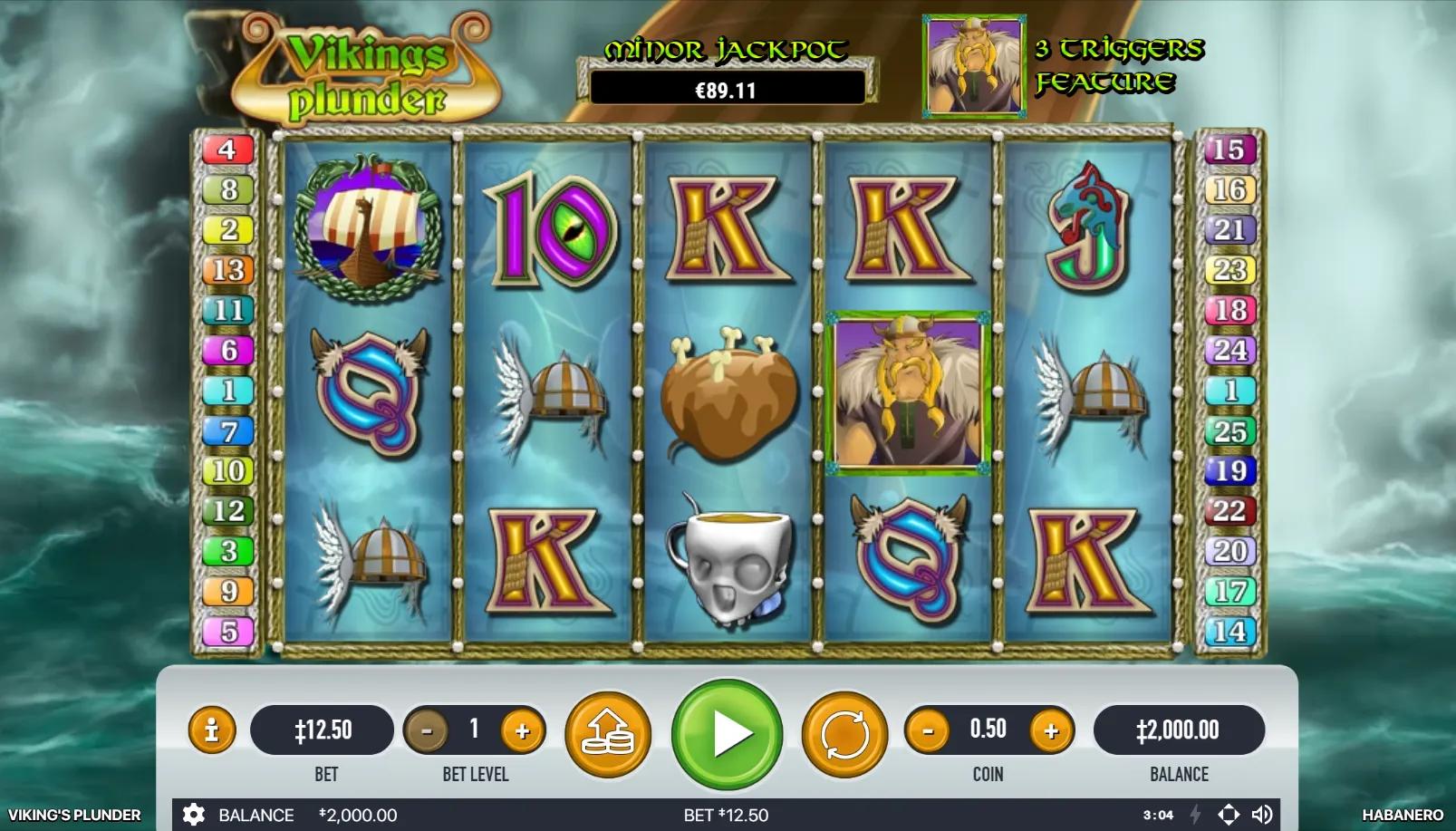 Viking's Plunder slot 5x3 grid with Viking Warrior, shieldmaiden, dragon longship and Nordic raid symbols on fjord backdrop