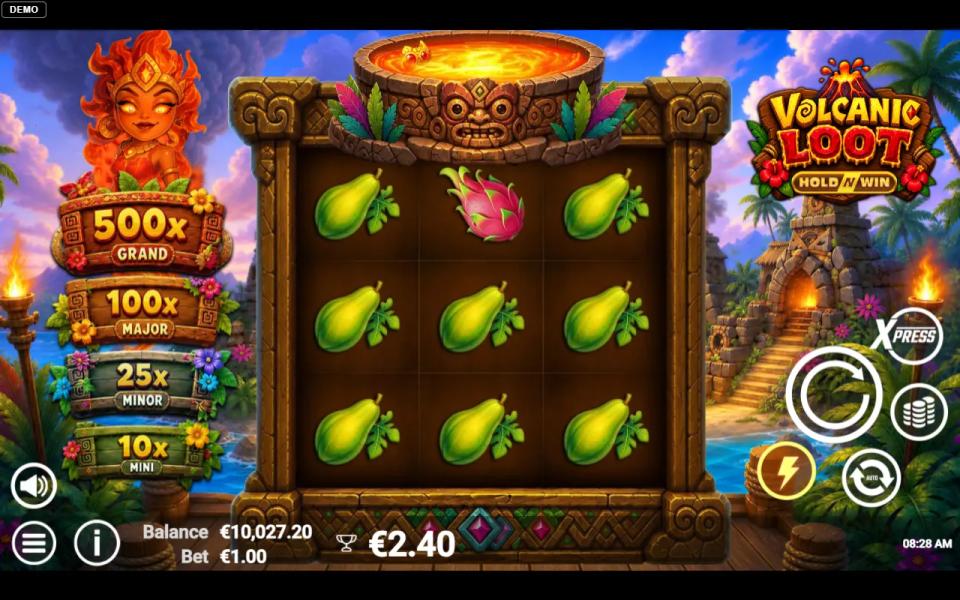 Volcanic Loot 3x3 board filled with papayas under a tiki lava bowl, with the Grand, Major, Minor and Mini jackpot plaques on the left