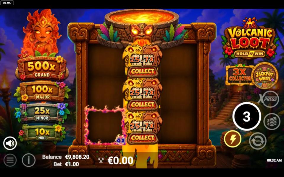 Three tiki collectors stacked on the middle reel during the Volcanic Loot bonus, each showing the same value, beside an empty 4x multiplier cell on the first reel