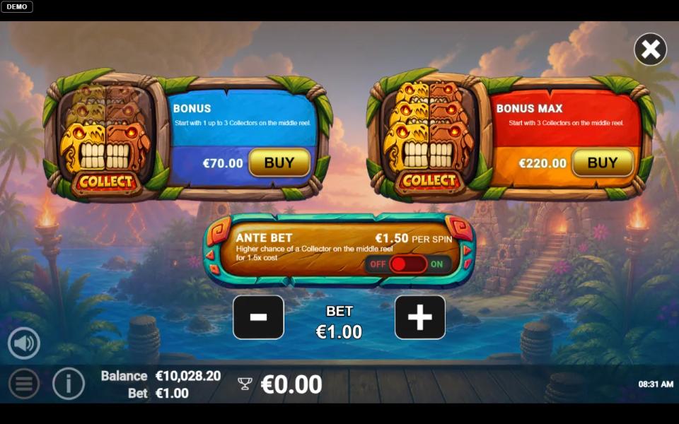 Volcanic Loot XPRESS menu with the Bonus buy at 70 times the bet, the Bonus Max buy at 220 times the bet and the Ante Bet toggle
