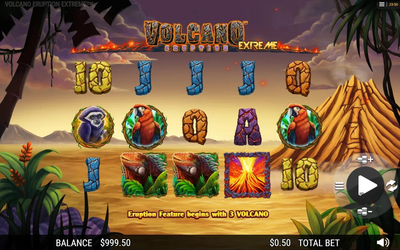 Volcano Eruption Extreme slot gameplay showing 5x3 jungle grid with Iguana, Parrot and erupting Volcano wild symbol