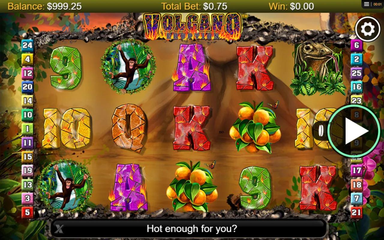 Volcano Eruption slot gameplay showing 5x3 reels with parrot, gecko, fruit and royal symbols around the central volcano