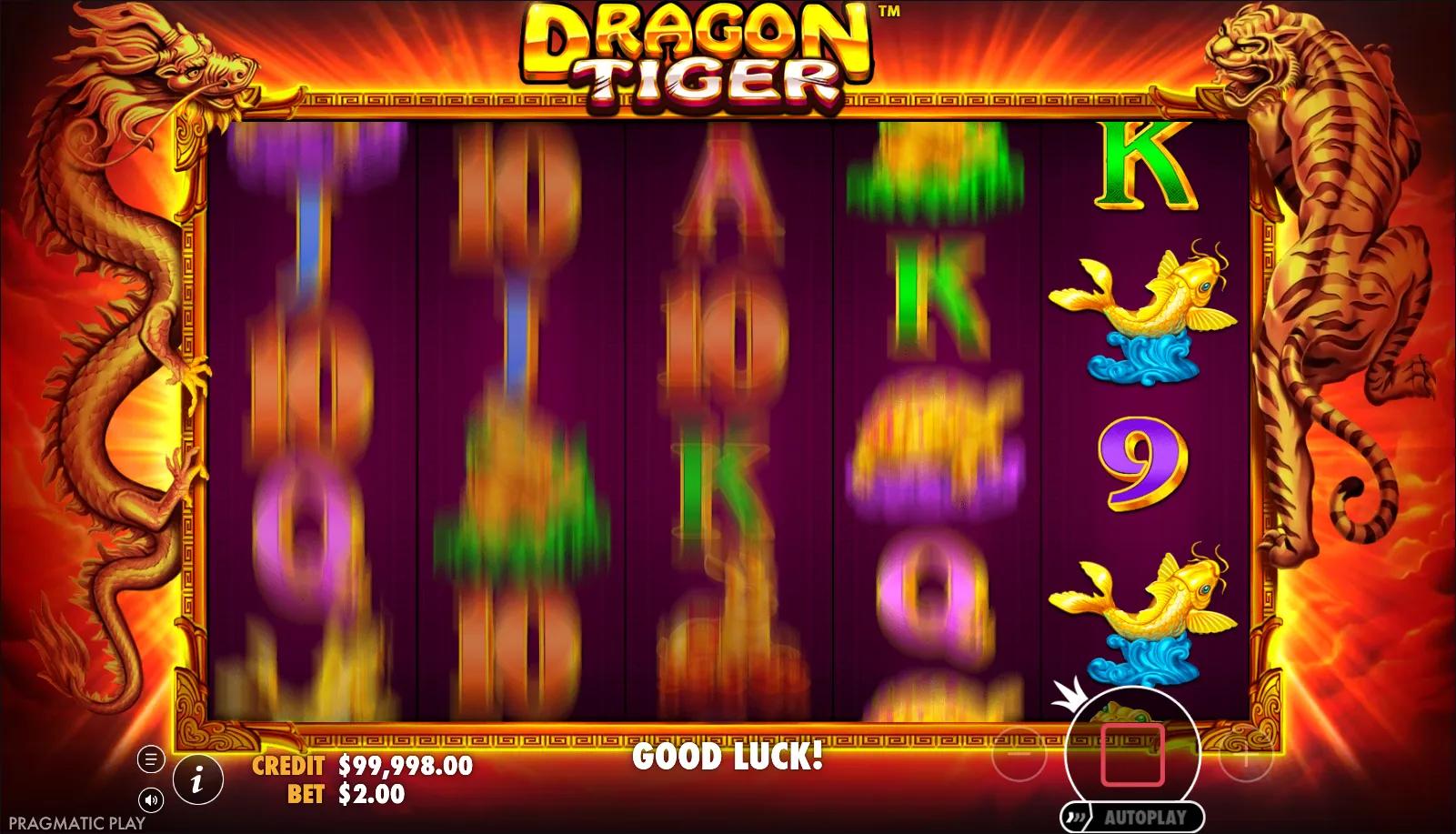 Dragon Tiger reels showing Asian symbols and Free Spins