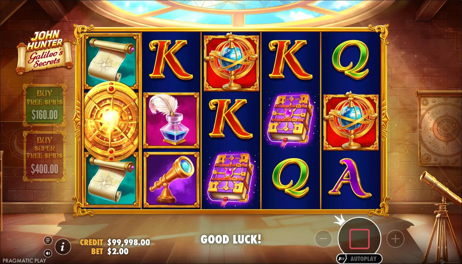 John Hunter and Galileo's Secrets reels showing Adventure symbols and Buy Bonus