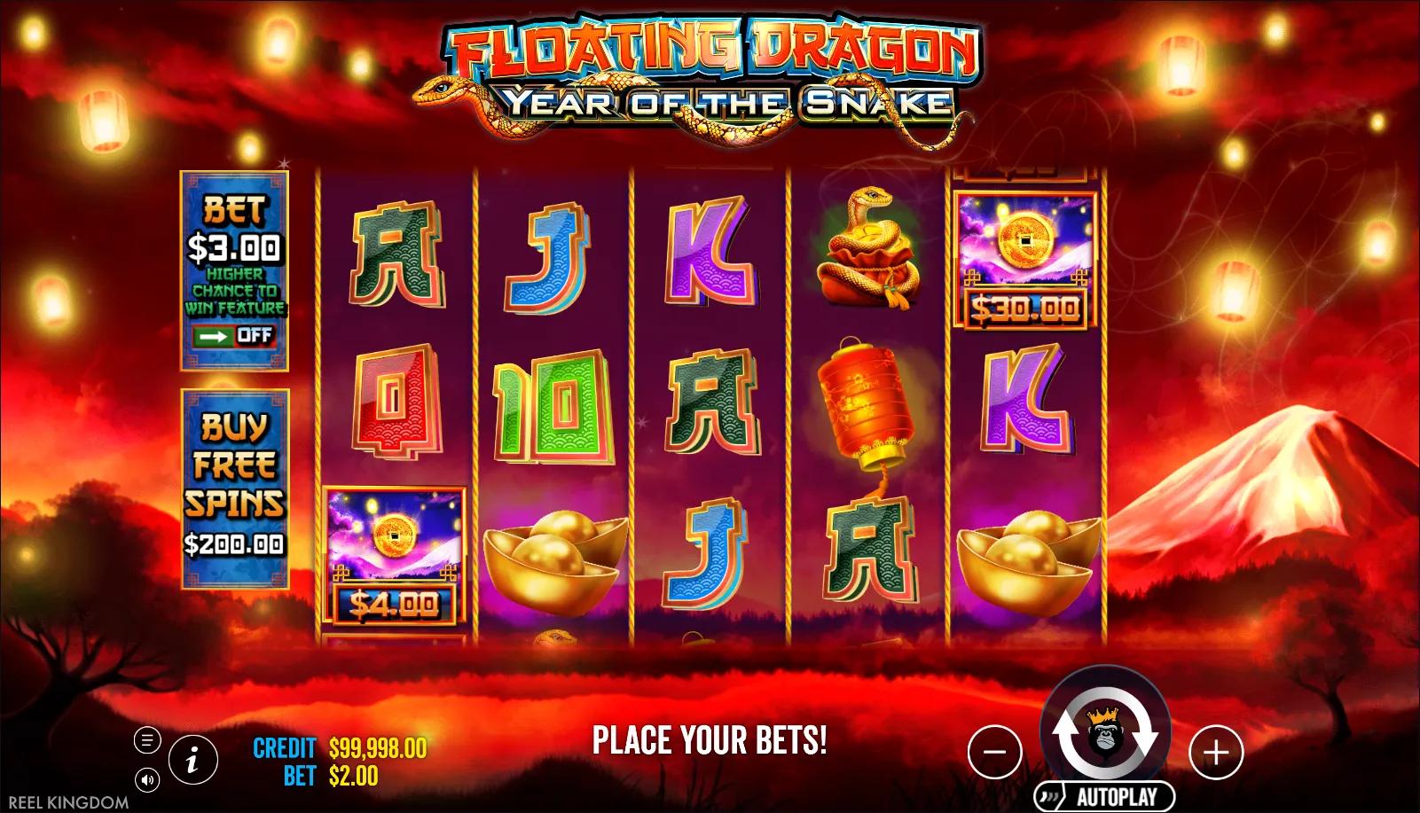 Floating Dragon - Year of the Snake reels showing Animals symbols and Ante Bet