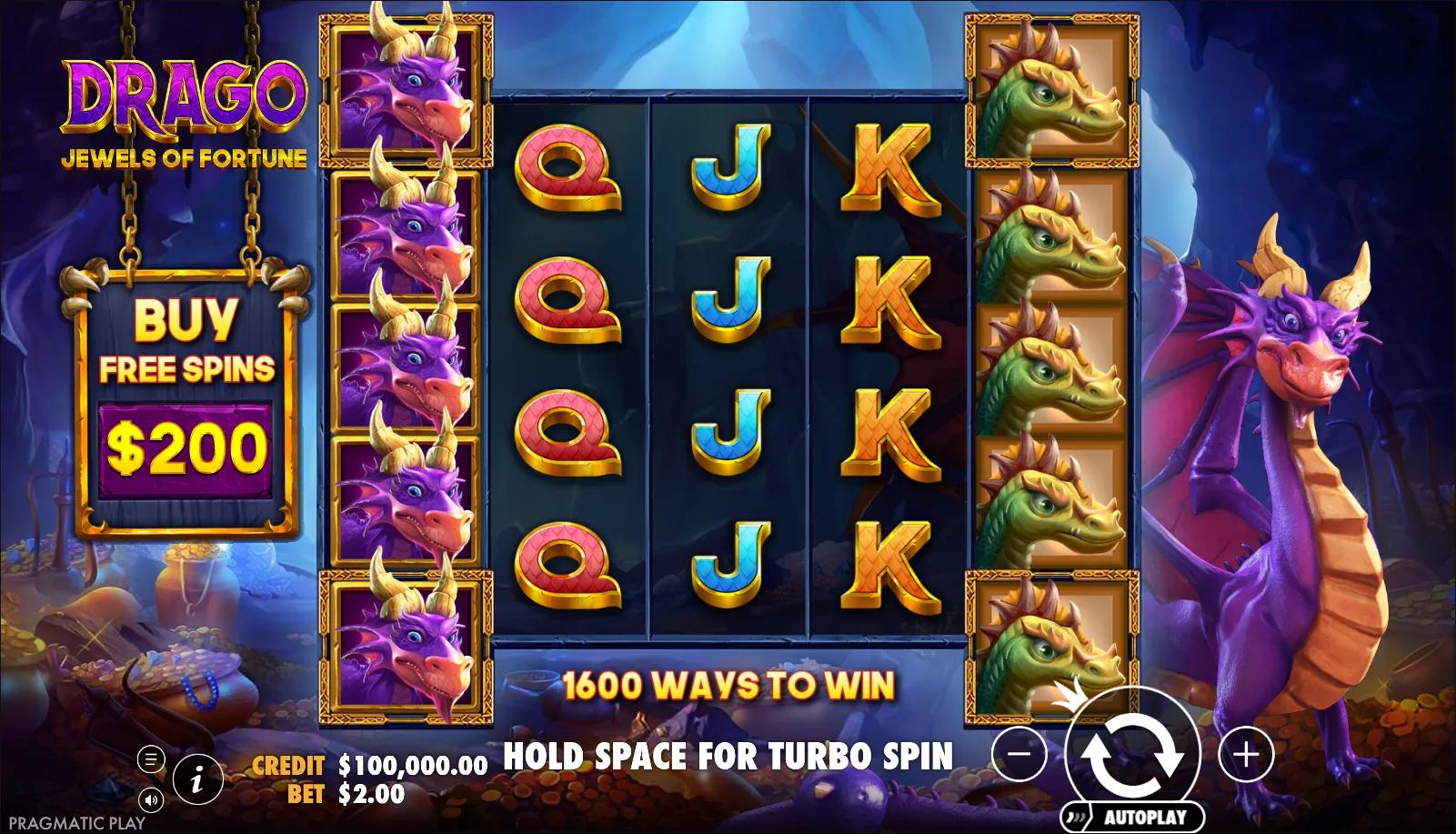 Drago - Jewels of Fortune reels showing Dragons symbols and Buy Bonus