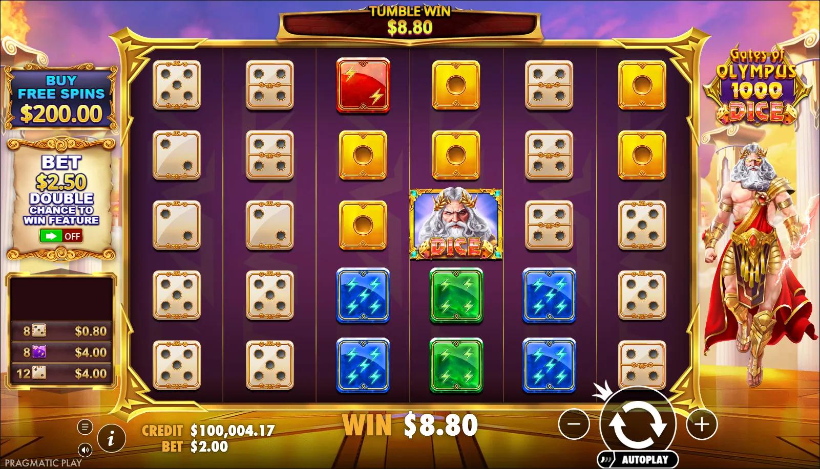 Gates of Olympus 1000 Dice reels showing Dice symbols and Ante Bet