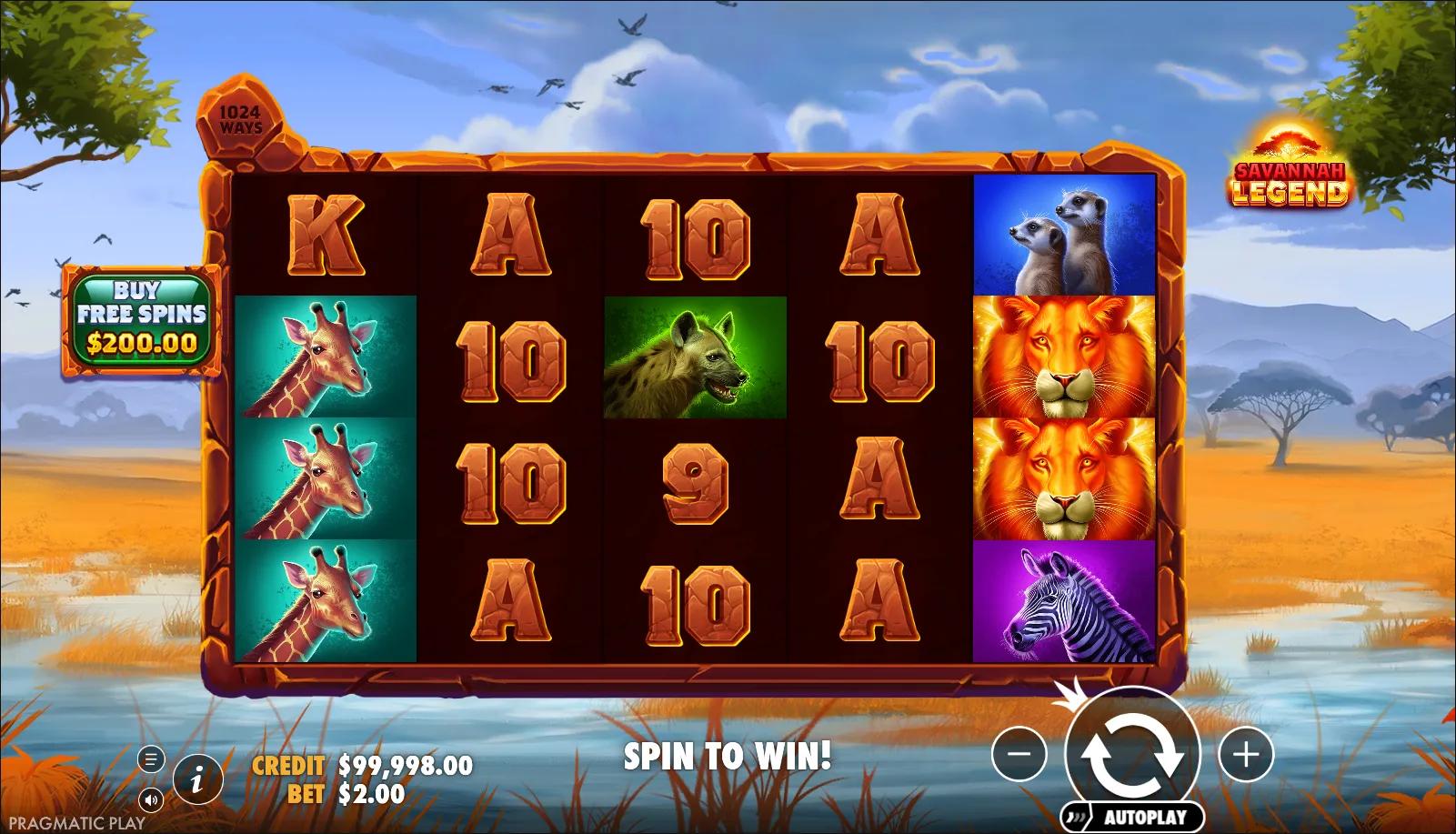 Savannah Legend reels showing Adventure symbols and Buy Bonus