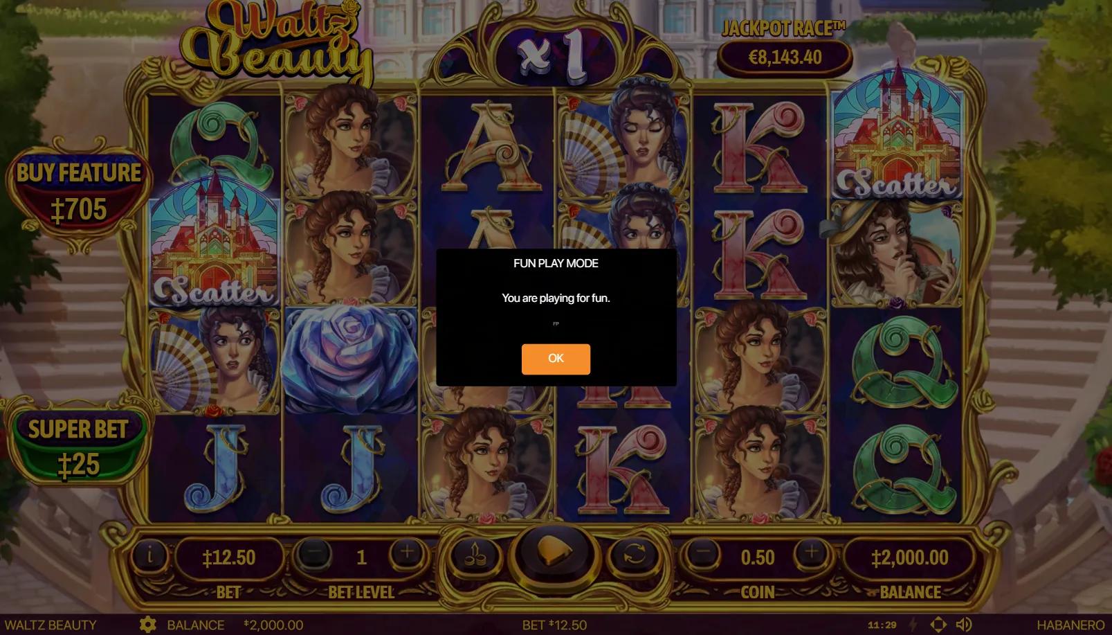 Waltz Beauty slot gameplay showing 6x4 ballroom grid with princess symbols and Crystal Rose multiplier display above