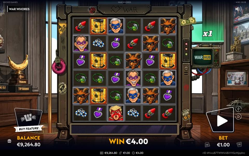 War Whores 6x6 grid of oil barrels, masked caricature faces and grenade collars in a war-room office with a golden banana trophy