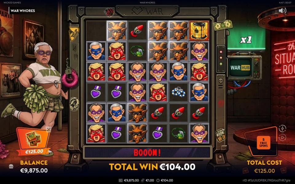 War Whores Situation Room grid with BOOOM on the ticker and a total win of 104 after the WickedBOOM collect