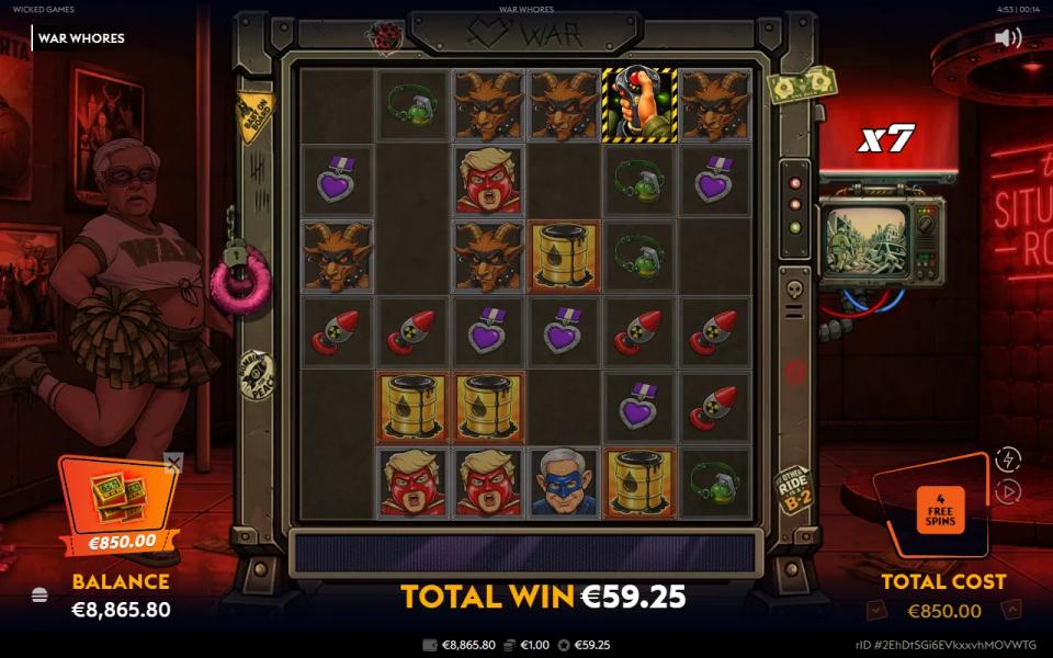 War Whores Total War Mode with a WickedBOOM symbol in the top corner and the multiplier meter at x7 over a 59.25 total